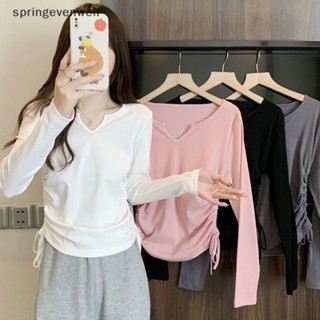 [springevenwell] เสื้อยืดลําลอง แขนยาว คอวี สีพื้น เข้ากับทุกการแต่งกาย แฟชั่นฤดูร้อน สําหรับสตรี