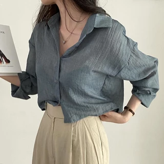 mimi&didi*พร้อมส่ง*เสื้อเชิ้ตแขนยาวแฟชั่นสั้น ผู้หญิง คอวี หลวม เสื้อทำงานสีขาว สไตล์เกาหลีสุดๆ ผ้าจับจีบเก๋ๆ สีทึบ#W260