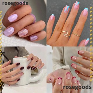 Rosegoods1 เล็บปลอมแฟชั่น หัวเหลี่ยม สวมเต็มเล็บ สไตล์ฝรั่งเศส สําหรับผู้หญิง