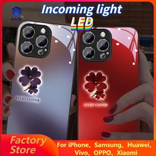 Mg เคสโทรศัพท์มือถือกระจก LED ลายหญ้านําโชค สีม่วง แดง สําหรับ Samsung S21ULTRA S21+ S22+ S22ULTRA S20+ A12 A72 A71 A52 A51 A32 A21S NOTE10+ NOTE20ultra S23 S23Ultra S23+ A14