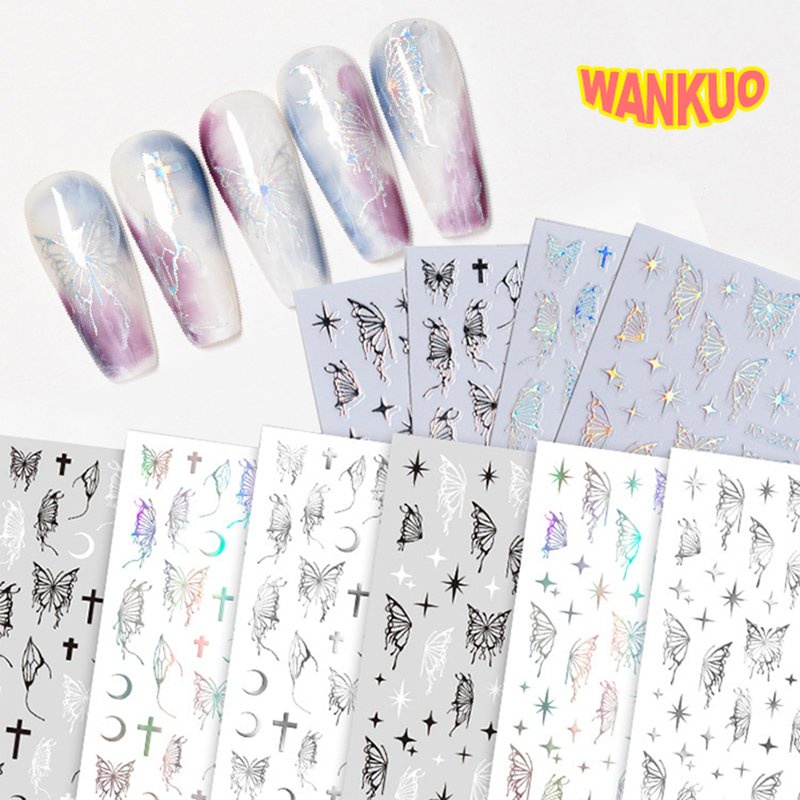 【WANKUO】สติกเกอร์ ลายปีกผีเสื้อ ดาว 3D สีแฟนตาซี สําหรับติดตกแต่งเล็บ