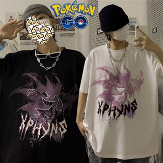 เสื้อยืดแขนสั้นอะนิเมะ Pokemon Gengar สีดำฤดูร้อน Mens เสื้อ T Street เสื้อผ้า Hip Hop แขนสั้นตัวอักษรแฟชั่นพิมพ์ O คอ T