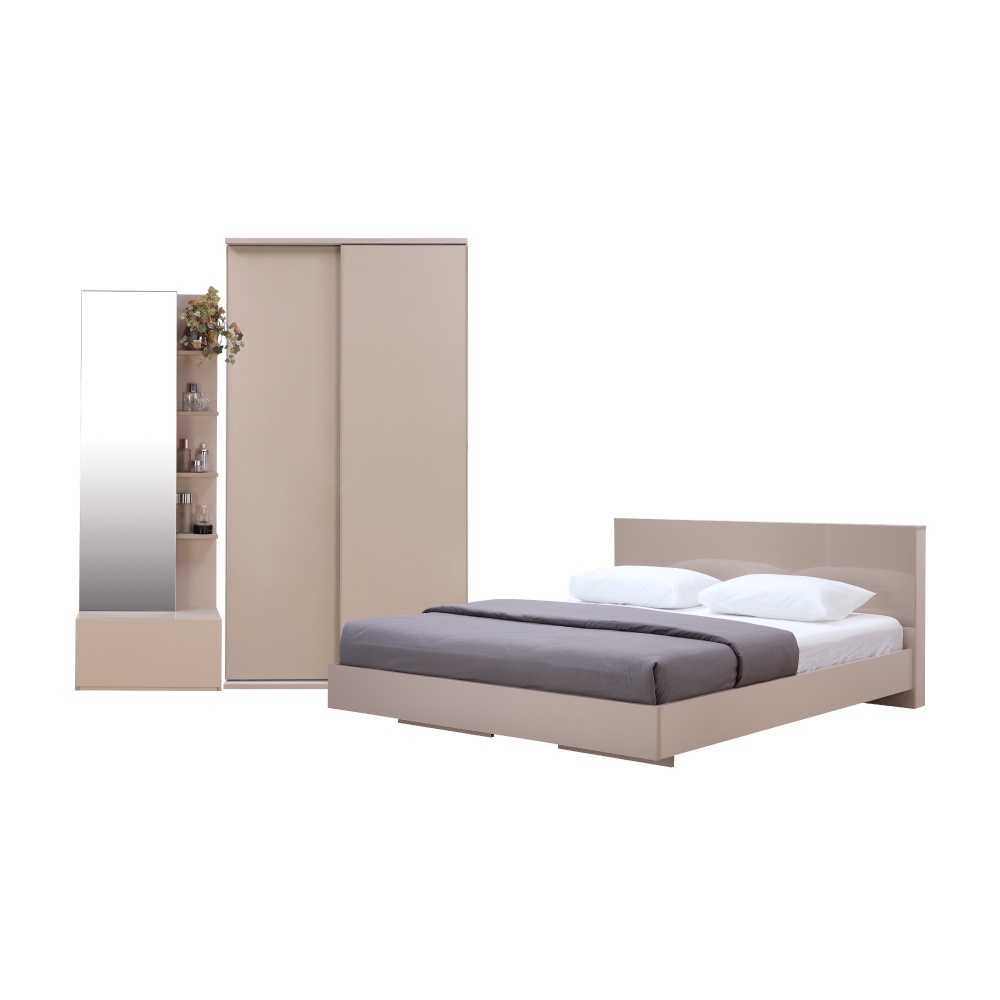 INDEX LIVING MALL ชุดห้องนอน รุ่นแมสซิโม่+แมกซี่ ขนาด 6 ฟุต (เตียงนอน(พื้นเตียงซี่), ตู้บานสไลด์ 120 ซม., โต๊ะเครื่องแป้ง) - สีหินทรายย