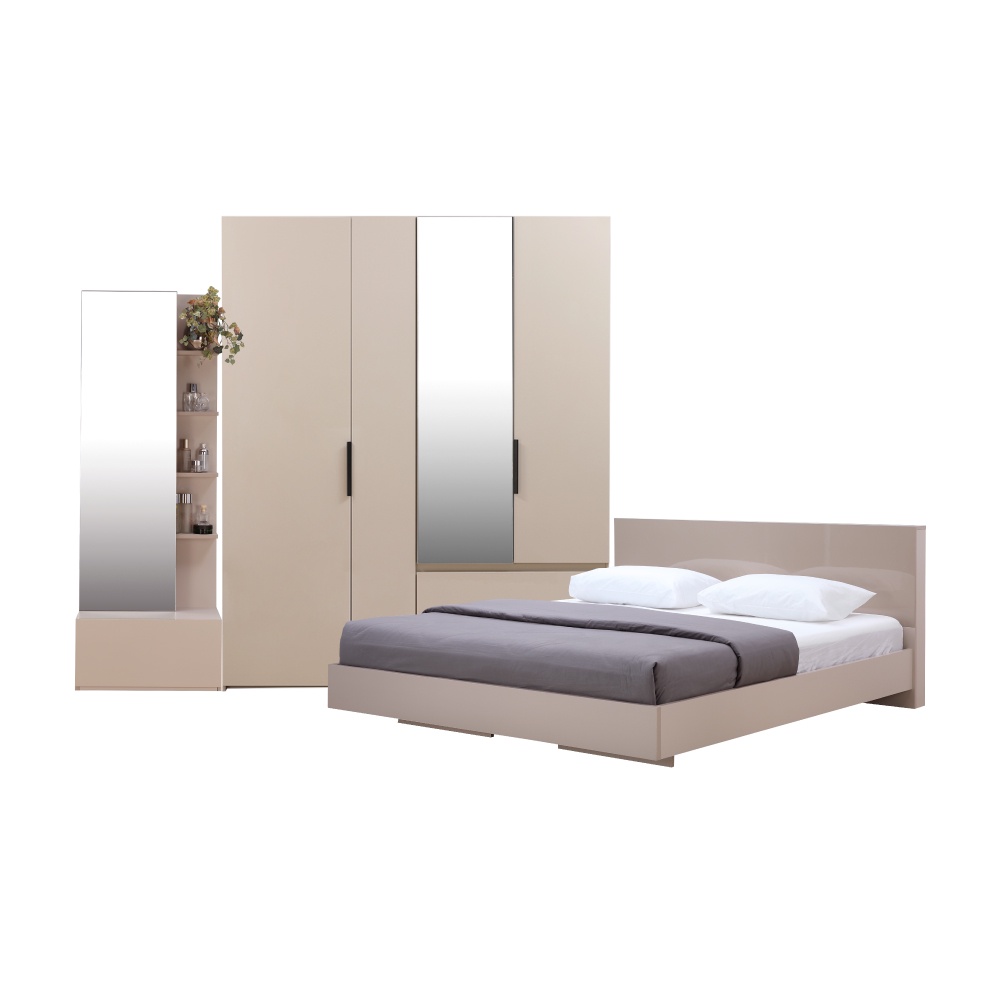 INDEX LIVING MALL ชุดห้องนอน รุ่นแมสซิโม่+แมกซี่ ขนาด 6 ฟุต (เตียงนอน(พื้นเตียงซี่), ตู้เสื้อผ้า 4 บาน พร้อมกระจกเงา, โต๊ะเครื่องแป้ง) - สีหินทราย
