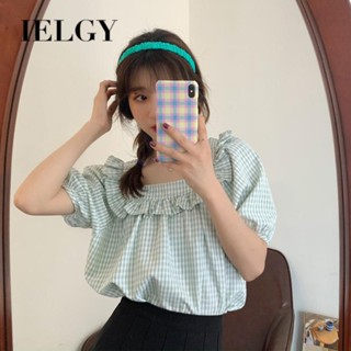 IELGY เสื้อเชิ้ตแขนพัฟ คอสี่เหลี่ยม แขนสั้น ลายสก๊อต ทรงหลวม สําหรับผู้หญิง