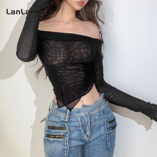 Lanlanlolo เสื้อยืดซีทรู แขนยาว เปิดไหล่ ทรงไม่สมมาตร สําหรับผู้หญิง 2023