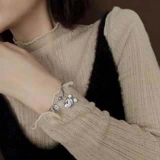 S925 Mickey Mouse Female Retro Old European and American Student Mouse Head Bracelet Cartoon Asymmetric Korean Fashion Hip Hop Trendy Jewelry