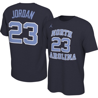 เสื้อยืดผ้าฝ้ายพิมพ์ลายเสื้อยืด ลายบาสเก็ตบอล University of NORTH CAROLINA No 23 Micheal Jordan TAR HEELS NAVY สีกรมท่า