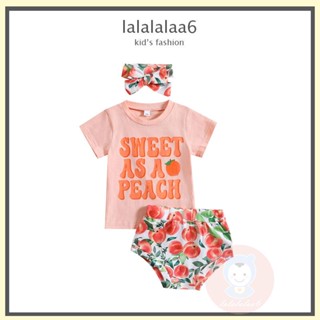 Laa6-0-24 MONTHS เสื้อยืดแขนสั้น พิมพ์ลายตัวอักษร และกางเกงขาสั้น ผ้ายืด พิมพ์ลายพีช พร้อมที่คาดผม แฟชั่นฤดูร้อน สําหรับเด็กผู้หญิง