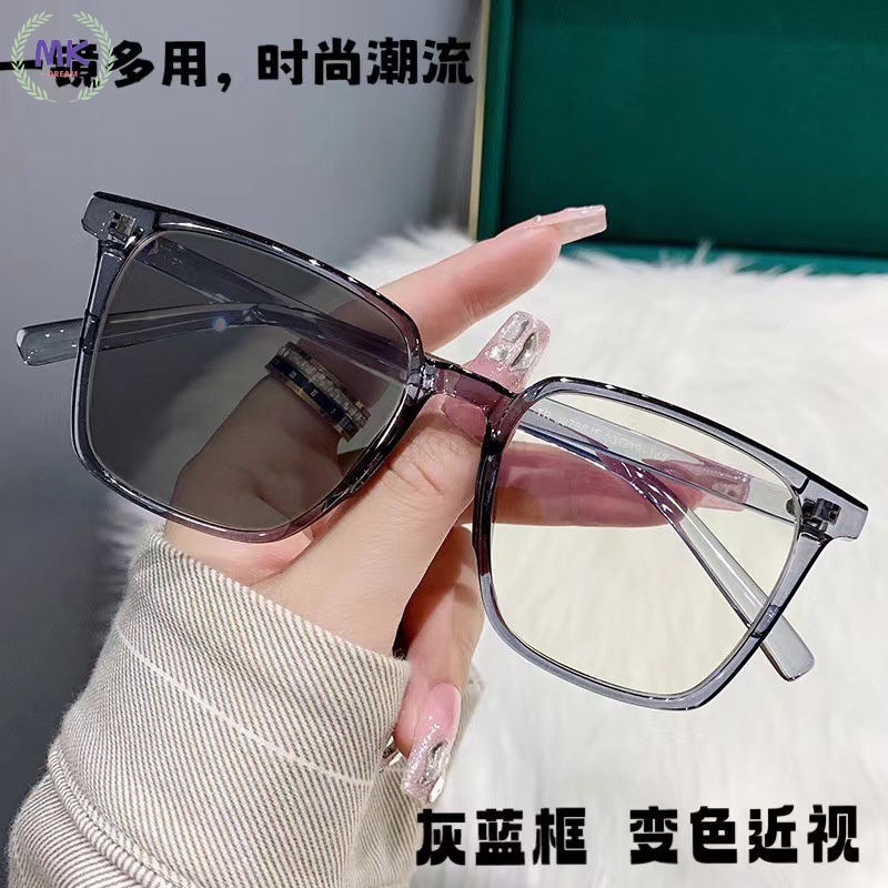 กรอบแว่น แว่นตาเปลี่ยนสี สั้น -100 ถึง-600 แว่นตาสายตาสั้น  กรอบสี่เหลี่ยม เลนส์อัตโนมัติ TR90 UV400 เปลี่ยนสีตามแสงแดดอัตโนมัติ แว่นตาป้องกันสีฟ้า แว่นตาผู้หญิง ผู้ชาย แว่นตา