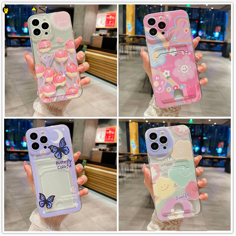 เคสโทรศัพท์มือถือ ลายดอกทิวลิป ผีเสื้อ ไล่โทนสี พร้อมช่องใส่บัตร และคลิปหนีบ สําหรับ Samsung Galaxy J7 J6 J5 J4 Plus Prime J2 Prime J7+ J6+ J4+