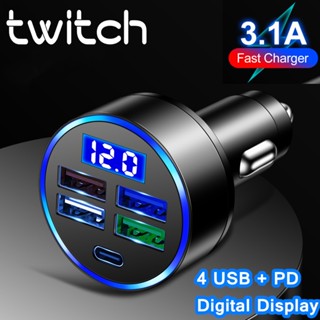 Twitch อะแดปเตอร์ที่ชาร์จ USB C 4 พอร์ต Type C สําหรับรถยนต์