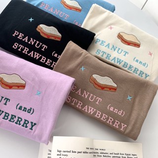 S204 เสื้อยืด oversize ผ้าคอตตอน สไตล์ minimal ปัก peanut (and) strawberry 🥪🍓