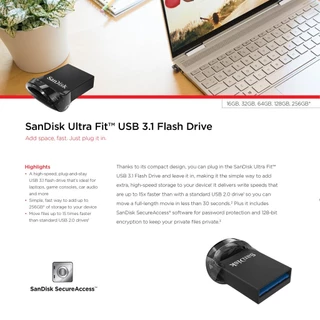 SANDISK ULTRA FIT USB 3.2 Gen 1 32GB, 64GB, 128GB และ 256GB (SDCZ430) รับประกัน Synnex 5 ปี