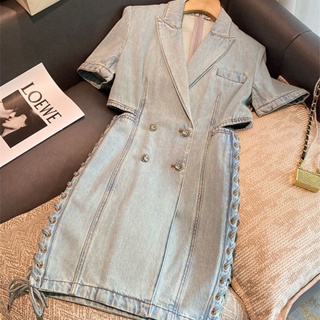 Beware of Design Denim Dress with Exhibit Waist Strap 2022 New Womens Summer Retro Elegant Dress Collar