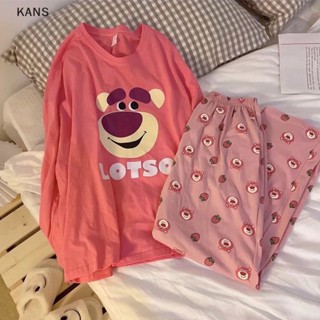 Kans ชุดนอน เสื้อแขนยาว พิมพ์ลายการ์ตูน และกางเกงขายาว สําหรับผู้หญิง 2 ชิ้น