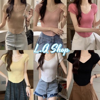 L.A Shop พร้อมส่ง เสื้อไหมพรมแขนสั้น คอกว้าง ผ้าร่องเล็ก "5972-2" -C