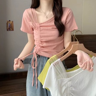 NZN เสื้อยืด แขนสั้น ผ้าชีฟอง แบบผูกเชือก แฟชั่นเกาหลี สําหรับผู้หญิง