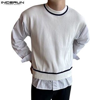 Incerun เสื้อเชิ้ตแขนยาว ลําลอง คอกลม ลายทาง แฟชั่นเกาหลี สําหรับผู้ชาย