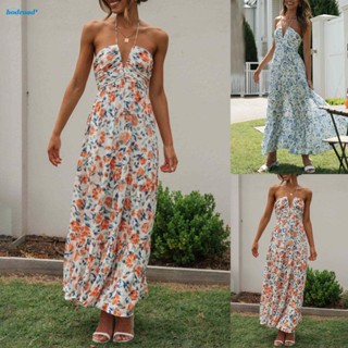 【HODRD】Floral Print Long Dress Chiffon V Neck Halterneck Backless Women Swing Dress【Fashion】