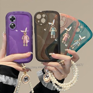 เคสโทรศัพท์มือถือแบบนิ่ม TPU ลายกระต่าย 3D พร้อมสร้อยข้อมือ ประดับมุก พกพาง่าย หลากสี สําหรับ OPPO A58 A55 4G เคส Phone Case