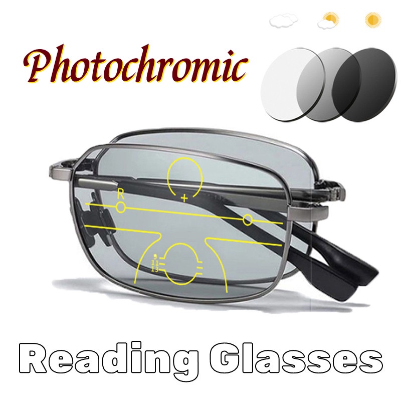 Photochromic พับแว่นอ่านหนังสือผู้ชายผู้หญิง Anti Blue Light Multifocal แว่นตาแบบพกพา Progressive แว่นตาสายตายาวตามอายุ