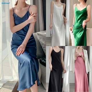 【HODRD】1 Pack Womens Sexy  V-Neck Satin Faux Silk Long Dress Evening Paty Club Cocktail【Fashion】