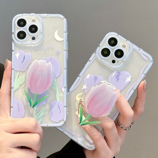 เคสโทรศัพท์มือถือแบบนิ่ม TPU กันกระแทก ลายดอกทิวลิป พร้อมที่ตั้งวาง สําหรับ Samsung Galaxy M53 M52 M33 M23 M32 M12 M51 M31 A22 A11 A21s A20 A30 A20s A7 2018 A70