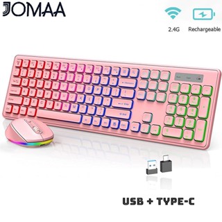 Jomaa ชุดเมาส์คีย์บอร์ดไร้สาย 2.4G พร้อมไฟแบ็คไลท์ RGB ชาร์จได้ สําหรับแล็ปท็อป คอมพิวเตอร์