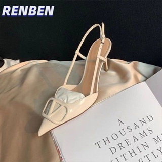 RENBEN  กริชอารมณ์ใหม่รองเท้าส้นสูงปลายเท้า V หัวเข็มขัดคําที่สวยงามรองเท้าแตะเปลือย