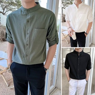 เสื้อเชิ้ตลําลอง ผ้าฝ้าย และผ้าลินิน แขน 3/4 ทรงหลวม มีกระเป๋าตั้ง สไตล์เกาหลี ญี่ปุ่น ฮาวาย สีเขียว สีขาว สีดํา สําหรับผู้ชาย