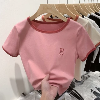 เสื้อยืดแขนสั้น คอกลม ผ้าฝ้ายแท้ ปักลายกระต่าย แฟชั่นฤดูร้อน สําหรับผู้หญิง
