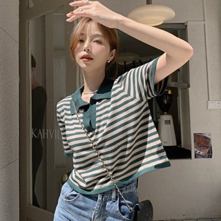 Striped short-sleeved knitted T-shirt female designer minority summer new Korean polo shirt short top womens style