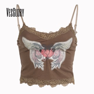 VesGlory Women Tank Top 2023 New Lace Print Stylish Babes Short Irregular Suspenders