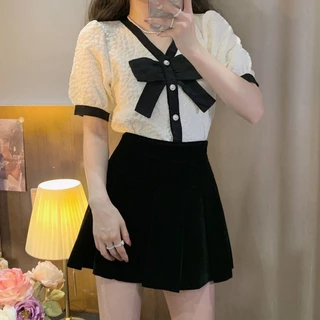 🍒Bee🍒โบว์ หวาน แขนสั้น อารมณ์ หลวม เสื้อเชิ้ต รุ่นสั้น ท็อปส์ เทรนด์