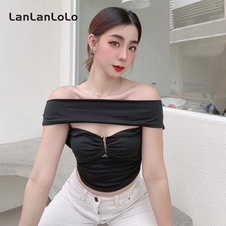 Lanlanlolo เสื้อเปิดไหล่ ทรงสลิมฟิต สีพื้น เซ็กซี่ สําหรับผู้หญิง 2023