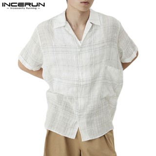 Incerun เสื้อยืดแขนสั้น พิมพ์ลายทาง สามสี แฟชั่นสําหรับผู้ชาย