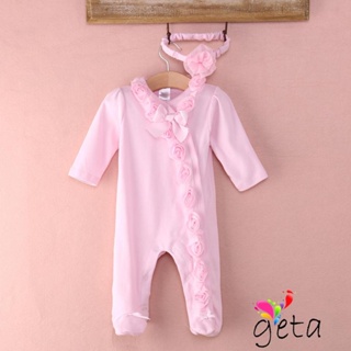 Geta- ชุดรอมเปอร์ จั๊มสูท รอมเปอร์ แขนยาว ลูกไม้ ดอกไม้ + ที่คาดผม สําหรับเด็กสาว