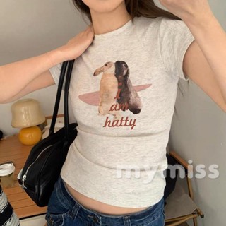 Mymiss1- เสื้อยืดแขนสั้น พิมพ์ลายกระต่ายน่ารัก สไตล์สตรีท แฟชั่นฤดูร้อน สําหรับผู้หญิง