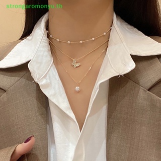 Strongaromonyu สร้อยคอโชคเกอร์ จี้ผีเสื้อ ประดับไข่มุก หลายชั้น สีทอง เครื่องประดับ สําหรับผู้หญิง TH