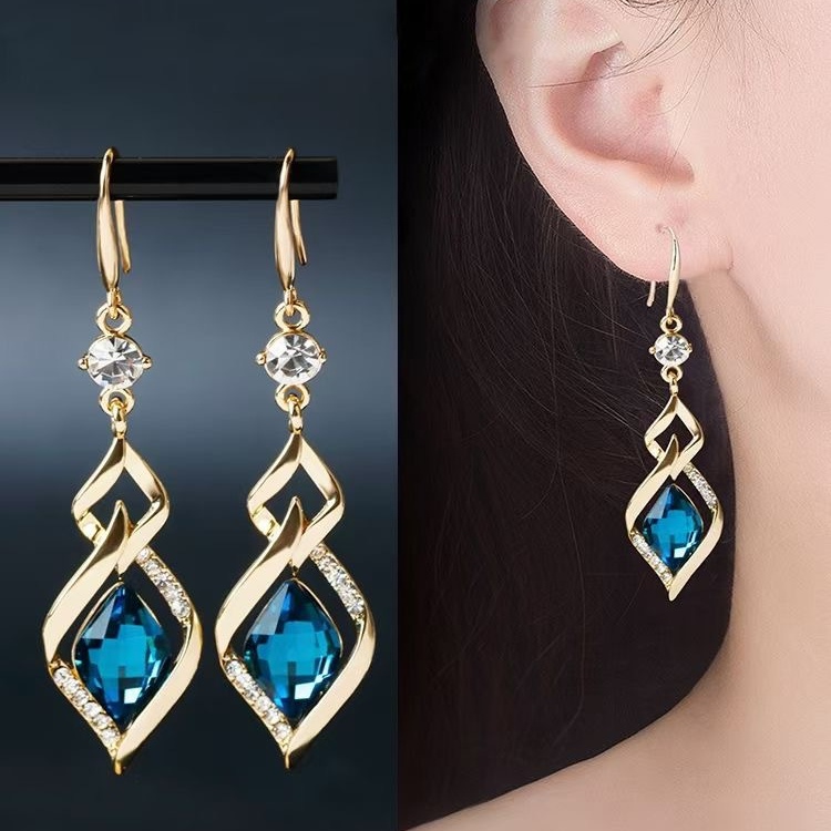 ต่างหูคริสตัล ทรงเรขาคณิต ประดับพลอยเทียม สีฟ้า สไตล์เกาหลี เครื่องประดับแฟชั่น สําหรับผู้หญิง - รูปที่ 5