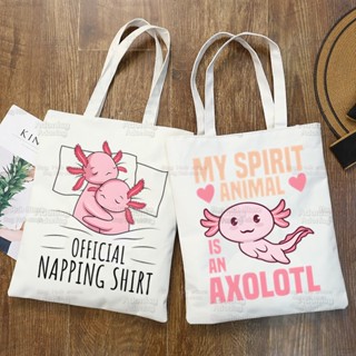 Axolotl Ulzzang กระเป๋าถือ กระเป๋าสะพายไหล่ ผ้าแคนวาส ทรงโท้ท พิมพ์ลายการ์ตูนสัตว์น่ารัก สไตล์ฮาราจูกุ สําหรับผู้หญิง ZHUM