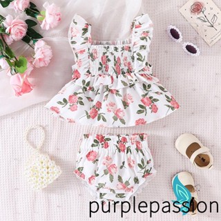 Purplepassion- ชุดเสื้อแขนสั้น คอสี่เหลี่ยม พิมพ์ลายดอกไม้ และกางเกงขาสั้นบาน สําหรับเด็กผู้หญิง 2 ชิ้น