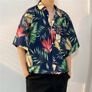 เสื้อเชิ้ตแขนสั้นลําลอง ลายดอกไม้ สีฟ้ากรมท่า แฟชั่นฤดูร้อน สไตล์เกาหลี สําหรับผู้ชาย ไซซ์ M - XXXL