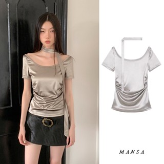 MANSA silver T-shirt+leather skirt เสื้อยืดผู้หญิง เสื้อ กระโปรงหนัง