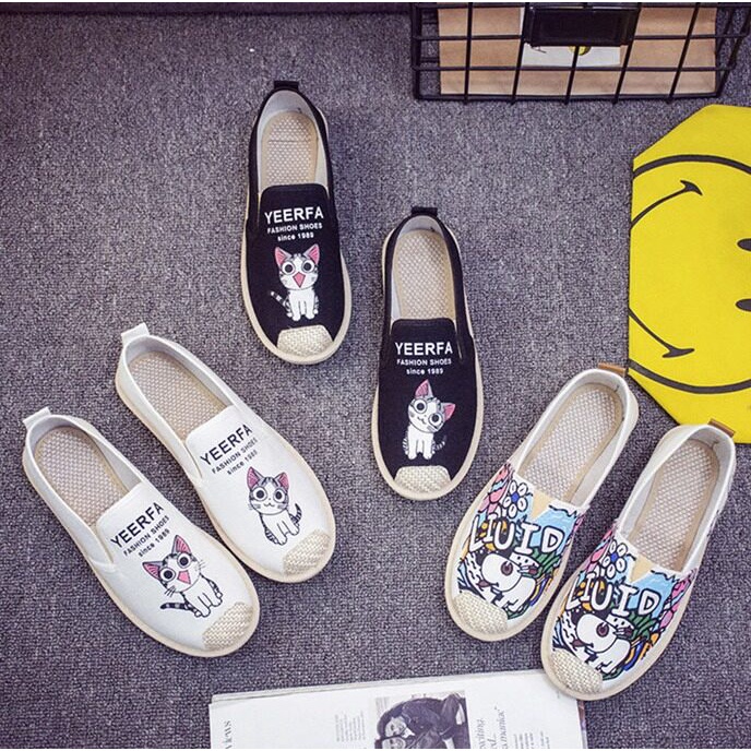 รองเท้าผู้หญิงสลิปออน ผ้าใบลำลอง ใส่สบายลายน่ารัก ลายแมวเหมียว รุ่น 605 lucky_lucky136