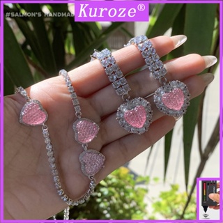 Kuroze สร้อยคอแฟชั่น รูปหัวใจ พีช หวาน หัวใจ พู่ ต่างหู เซตต่างหูยาว ประดับเพชร สีชมพู