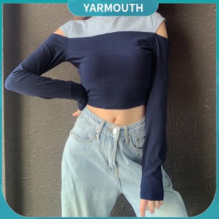 Yyr-- เสื้อครอปท็อป แขนยาว เปิดไหล่ บล็อกสี แนวสตรีท สําหรับผู้หญิง