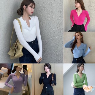 ❤เสื้อยืดลําลอง แขนยาว ผ้าถัก คอปก สีพื้น เซ็กซี่ สําหรับผู้หญิง