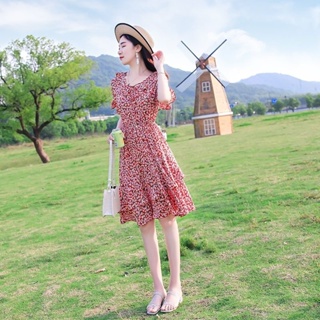 New model baby flower long dress เดรสชีฟองลายดอกไม้ช่วงฤดูร้อนใหม่เอวบาน สไตล์เกาหลี